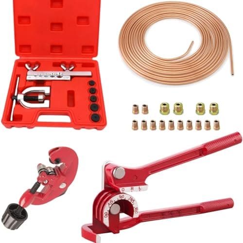 Image of Brake Pipe Flaring Tool Set + 3 in 1 Tubing Bender + 3/16"x 25ft/7.6m Brake Line with 16 Fittings + 1 Tube Cutter, Brake Line Flaring Tool, Ideal for Vehicle Brake Systems, Air Conditioning Systems 