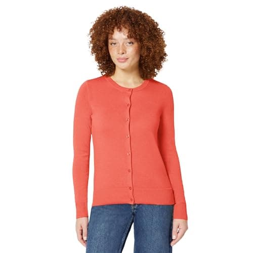 Image of Amazon Essentials Women's Lightweight Crewneck Cardigan Jumper (Available in Plus Size), Coral Pink, XXL