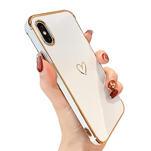 Image of Knoowcase iPhone X Case iPhone XS Phone Case for Girls Women Shockproof Flexible Silicone Bumper Lens Protection Luxury Plated Gold Heart Slim Anti Scratch Phone Cover, White