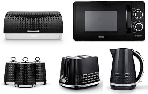 Image of Tower Solitaire Black 1.5L 3KW Jug Kettle, 2 Slice Toaster, T24042BLK 800W 20L Manual Microwave, Bread Bin & Canisters. Modern Matching Kitchen Set of 7 in Black