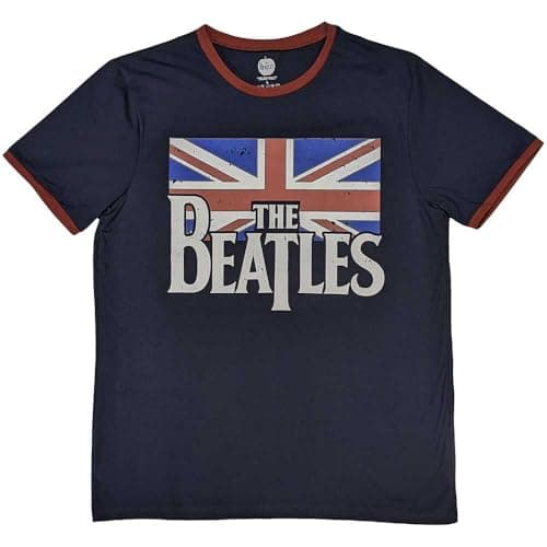 Image of Rock Off officially licensed products The Beatles Drop T Logo & Vintage Flag Ringer T Shirt XL Navy