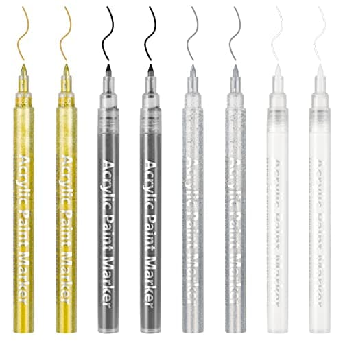 Image of DONQL 8Pcs Acrylic Paint Pen 0.7mm Metallic Permanent Acrylic Markers Set Gold Silver White Black Glass Glitter Paint Pens for Fabric Glass Rock Wooden Ceramic Leather, Fine Tip Marker