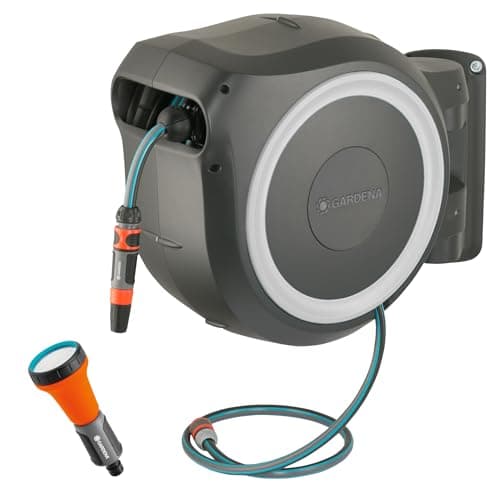 Image of Gardena Wall-Mounted Hose Box Rollup M/L (White) 25 m: Versatile Watering System for Medium-Sized to Large Gardens, Swivel Hose Box, Including 25 m Gardena Hose & mounting kit (18622-20)