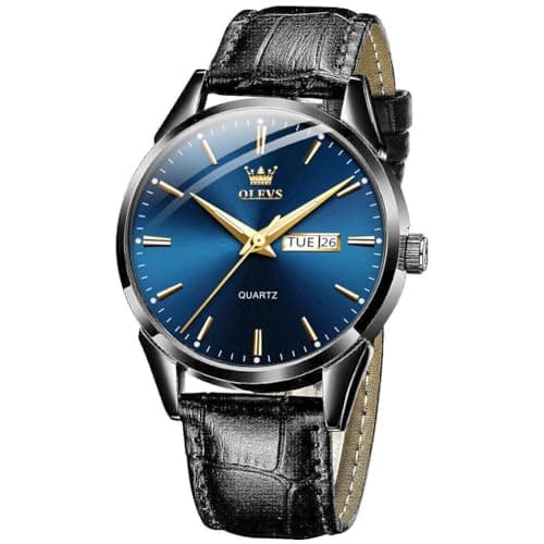 Image of OLEVS Men Watch Black Leather Strap Large Blue Face Analog Quartz Classic Dress Date Luminous Waterproof Gents Wrist Watch