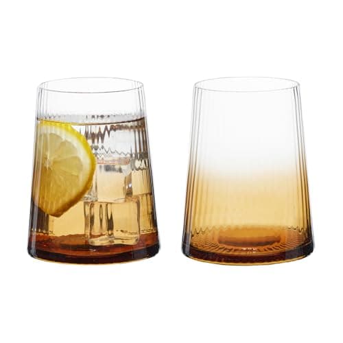 Image of Anton Studio Designs Empire Handmade DOF Tumblers for Whiskey, Spirits or Water - 400 ml - Amber - Set of 2 Elegant Drinking Glasses