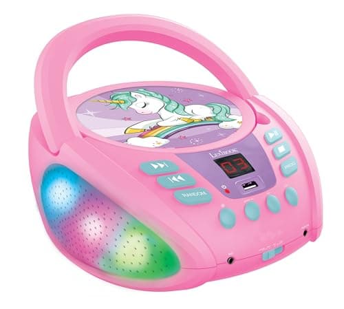 Image of Lexibook, Unicorn, Bluetooth CD player for kids, Portable, Multicoloured light effects, Microphone jack, Aux-in jack, AC or battery-operated, Girls, Boys, Pink, RCD109UNILXB