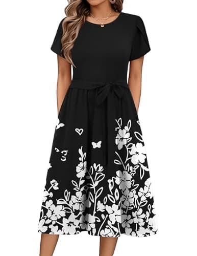 Image of Zeagoo Summer Dresses for Women UK Short Sleeve Crew Neck Sundress Casual Floral Wrap Waist Dress Swing Beach Midi Dresses with Pockets Black B L