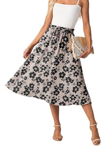 Image of GRECERELLE Womens Summer Midi Skirts Boho Flowy Casual High Waisted Palazzo A-Line Skirt with Pockets & Adjustable Tie Belt (Khaki Black Flower, L)