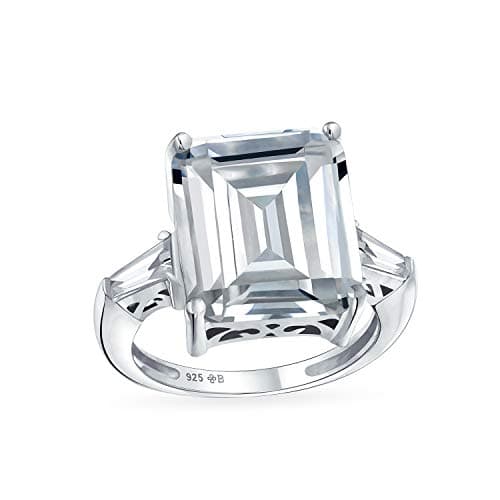 Image of Art Deco Style Big AAA CZ Statement Solitaire Emerald Cut Engagement Ring For Women Side Stone Baguette Thin Band .925 Sterling Silver Decorative Setting