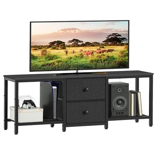 Image of YATINEY TV Cabinet Stand for TVs up to 55'', Media Console with Shelves and 2 Drawers, Metal Frame, for Living Room, Bedroom, 120 x 30 x 50 cm, Black XDS02BB