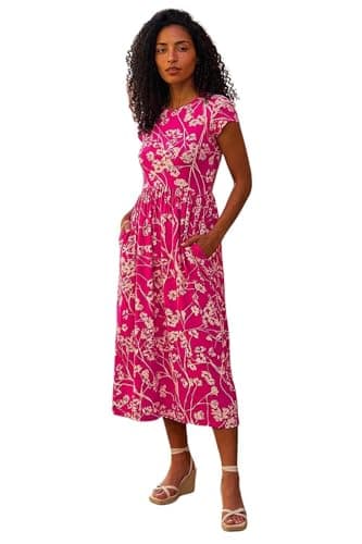 Image of Roman Midi Dress with Pockets for Women UK Ladies Stretchy Jersey Maxi Long Short Sleeve Elasticated Gathered High Waist Boho Flattering Skater Swing Fit Flare - Floral Pink - Size 14
