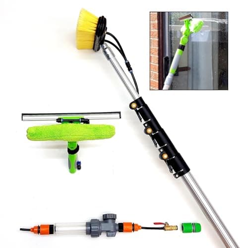 Image of 16ft-20ft-24ft Telescopic Water Fed Window Cleaning Pole, Solar Panel Conservatory Roof Cleaning, Hose Fed Squeegee Extendable Hi Reach Extended Brush Kit