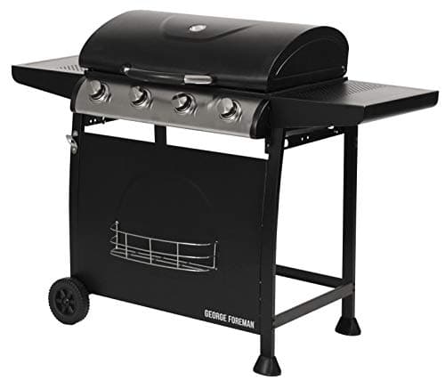 Image of George Foreman 4 Burner Gas BBQ with Automatic Ignition & Integrated Thermometer, Black, Gas Barbecue, 2 Wheels Fitted Rack with 2 Shelves, GFGBBQ4B