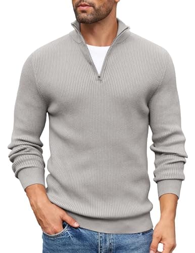 Image of COOFANDY Sweaters for Men Jumper Turtleneck Jumper Polo Neck Jumpers Knitted Sweater Turtleneck Sweater Stand-Up Collar 1/4 Zip Pullover Tops Light Gray XXL