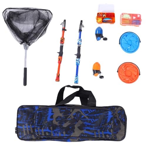 Image of Sunydog Kids Portable 2 Pack Fishing Rod and Reel Combo Set with Tackle Box Lures Carry Bag for Outdoor Activities Blue and Orange (1 Set)
