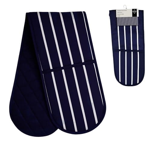 Image of Premier Housewares 100% Cotton Gloves, Double Oven Mitts, Striped, Heat Resistant, H83X W18X D2, Blue