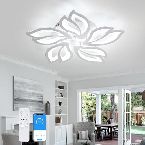 Image of Comely LED Ceiling Light Dimmable, 45W Flower Chandeliers Ceiling Light with Remote Control Colour Changing Bedroom Ceiling Lamp, 5 Leaves Modern Ceiling Lighting for Living Room Dining Room