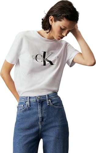 Image of Calvin Klein Jeans Women Short-Sleeve T-Shirt Core Monologo Crew Neck, White (Bright White), XL