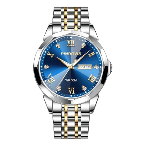 Image of PINDOWS Watch for Men Diamond Business Dress Analog Quartz Wrist Watch Luxury Waterproof Luminous Date Two-Tone Stainless Steel Band Classic Fashion Men Watches