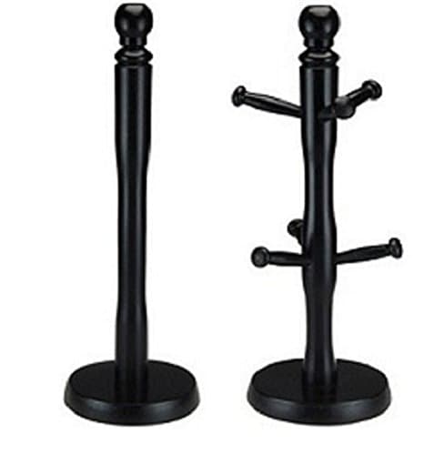 Image of APOLLO BEECHWOOD MUG TREE HOLDER & KITCHEN TOWEL ROLL HOLDER WOODEN (SET OF 2, BLACK)