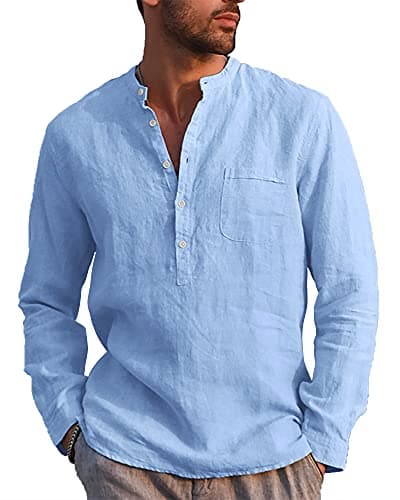 Image of LVCBL Linen Mens Shirt Button Up Grandad Shirt Stand Collar Shirt Light Blue 3XL