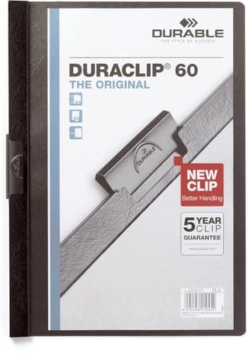 Image of Durable DURACLIP 60 A4 Clip Folder - Holds up to 60 Sheets of A4 Paper - Robust Metal Sprung Clip - Pack of 5 Folders in Black