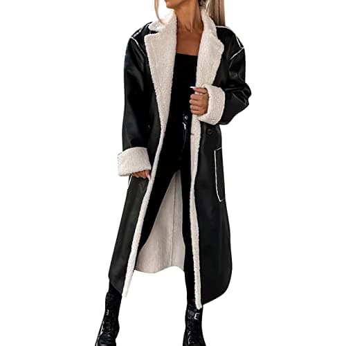 Image of Duohropke Leather Jacket Women's Long Winter Coat with Teddy Fleece Winter Jacket Lapel Collar Leather Coat Lined Transition Coat Faux Leather Jacket Parka Transition Jacket Leather Trench Coat Jacket