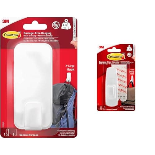Image of Command Utility Hook, X-Large for Heavyweight - 1 Hook in White and 2 Adhesive Strips & Large Utility Hook, Pack of 1 Hook and 2 Adhesive Strips, White - Damage Free Hanging - Holds up to 2.2kg