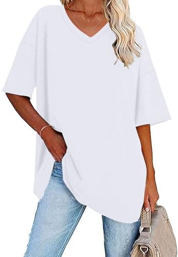 Image of WNEEDU Women Summer T Shirts V Neck Loose Casual Ladies Plus Size Tops Short Sleeve Tee White 3XL