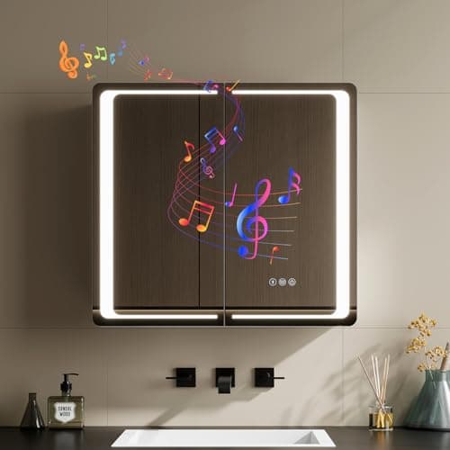 Image of Warmiehomy Bluetooth Bathroom Mirror Cabinet with Lights,65x60cm 3-color Dimmable LED Illuminated Bathroom Mirror Cabinets with Shaver Socker Defogger Touch Switch Two Door,White Frame
