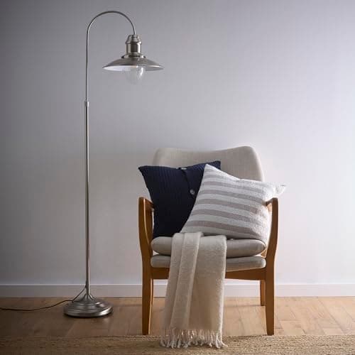 Image of K LIVING Chester Satin Nickel Floor Lamp Light | Fisherman's Industrial Style Shade with Glass and Brass Cage | Non-Electrical Modern Lighting Solution for Any Room