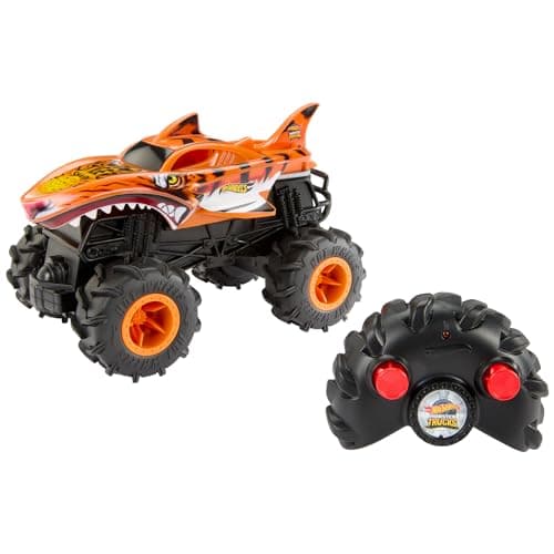 Image of Hot Wheels Monster Trucks Remote Control Car, HW Tiger Shark in 1:24 Scale, All-Terrain Capabilities with Terrain Action Tires, Full Function RC, HNV03