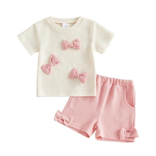 Image of Vioyavo Toddler Baby Girls Summer Outfit Bow Decor Short Sleeve T-shirt Top Solid Color Elastic Waist Shorts 2Pcs Clothes Set (Pink, 3-6 Months)