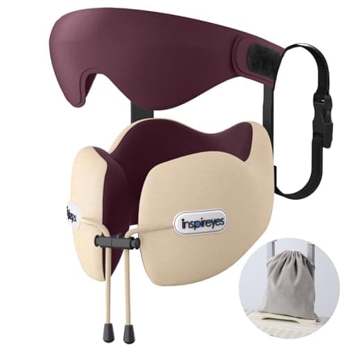 Image of Inspireyes Neck Pillow, Travel Pillow with Seat Strap, 3D Sleep Mask, Dual Support Neck Head, High Supportive Foam Airplane Pillow for Long Flight Road Trip, Stop Bobblehead Travel Essential, Beige