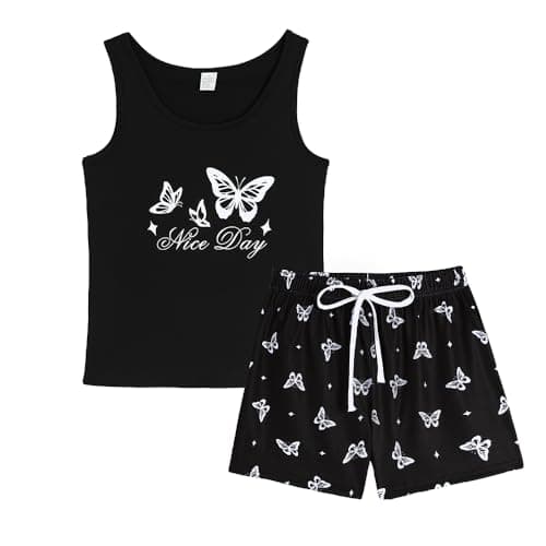 Image of MyFav Women's Short Pyjamas Set Cute Butterfly Print Tank Top and Drawstring Shorts Classic Sleepwear Pj Sets,Butterfly,M