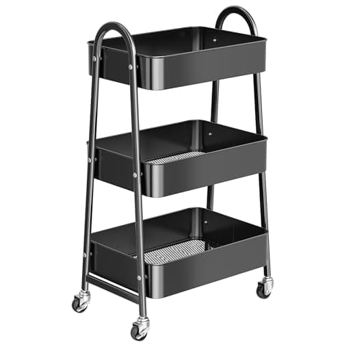 Image of StowBin 3 Tier Metal Storage Trolley with Wheels – Rolling Utility Cart with Handle and Mesh Shelves for Kitchen, Bathroom, Office – Black