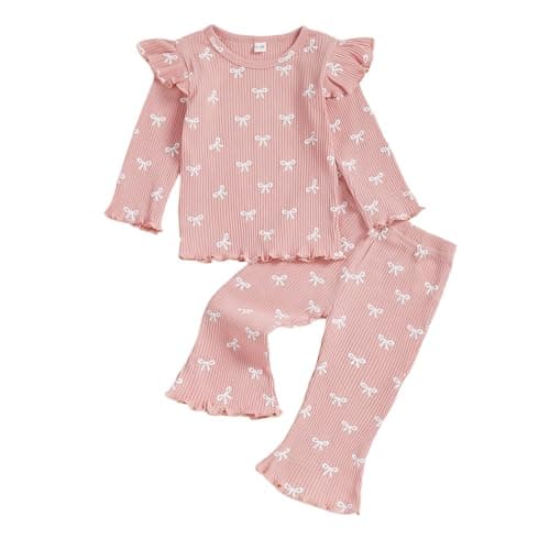 Image of JCOPLY Toddler Baby Girl Outfit Kids Autumn Clothes Bow Print Long Sleeve Crew Neck Ribbed Knit Shirt Tops Frill Trim Bell Bottoms 2 Pcs Outfits Set (Pink, 12-18 Months)