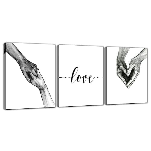 Image of Black and White Canvas Wall Art - Minimalist Hand In Hand Love Painting Simple Picture Artwork Wall Decorations for Beadroom Living Room Bathroom Decorative 12 x 16 Inches Framed Ready to Hang