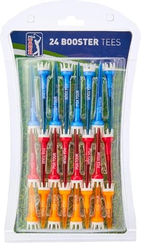 Image of PGA TOUR Booster Golf Tees (24 Pack) - 3.15" (80mm), 2.5" (65mm), 2" (50mm) Polycarbonate Crown Golf Tees in Orange, Blue, Red , Reduced Friction