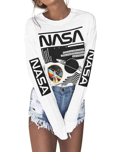 Image of Women Long Sleeve Graphic Shirts NASA Space Letter Print Crew Neck Tee Tops Tshirt, White, S