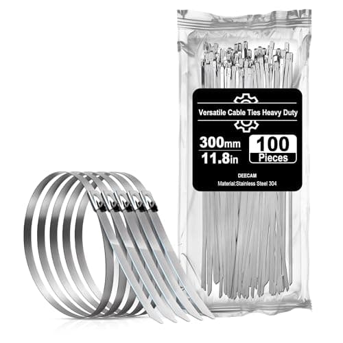 Image of Stainless Steel Cable Ties, Deecam 100 Pcs 4.6×300mm Metal Cable Tie, 304 Stainless Zip Ties with Steel Ball Stopper, Suitable for Exhaust Wrapping, Binding Tie, Garden Repair and Fixed Fence(100 Pcs)