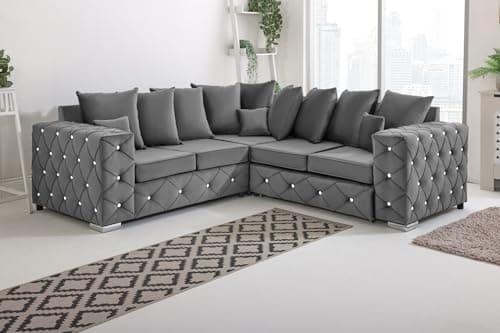 Image of Sofahub Maxton Grey Plush Velvet 5 Seater Corner Sofa with Diamond Button Detailing & Scatterback Cushions | Luxury Sofa with Reflex Foam Seating & Chrome Legs | Solid Hardwood Frame(Grey)