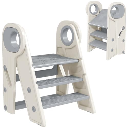 Image of AIYAPLAY Kids Step Stool, Foldable Toddler Kitchen Stool, Adjustable Standing Tower with Handle, Non-Slip for Bathroom, Sink, Kitchen, Counter, Toilet Potty Training, Grey