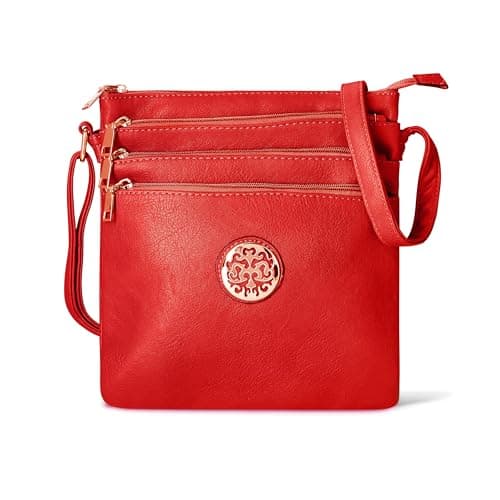 Image of Woodland Leathers Crossbody Bags For Women, Multi Zipper Spacious Cross Body Bag Women With Adjustable Crossbody Strap, Golden decorated Women's Hobos & Shoulder Bags (Red)