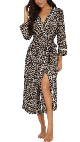 Image of PrinStory Women Dressing Gowns Causal Kimono Robes Long Bathrobe Soft Womens 3/4 Sleeve Ladies Loungewear (Leopard Print Grey, XL)