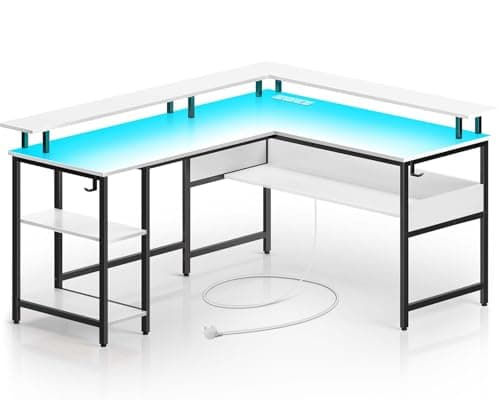 Image of Rolanstar L-Shaped Corner Desk, Gaming Desk with LED Lights & Power Outlets, Computer Desk/Office Table with Storage Shelves and Hook, Monitor Stand for Home Study, Work & Play, 137×108 cm, White