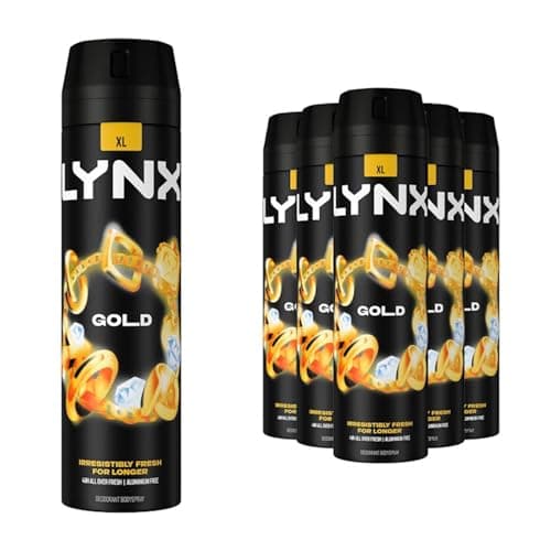 Image of Lynx Gold Aerosol Body Spray Men's Deodorant Spray with an oud wood & fresh vanilla scent for 48 hours of odour busting, high defnition fragrance 6x 200 ml