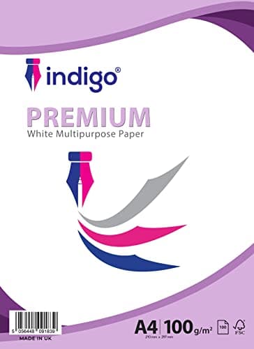 Image of Indigo® A4 Premium White Multipurpose Copier Paper – 100GSM, Pack of 100 Sheets – Smooth Finish for Inkjet, Laser & Copier Use