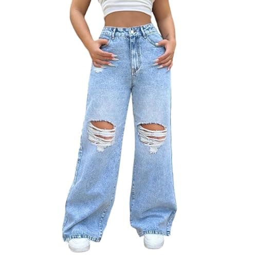 Image of Distressed Wide Leg Jeans for Women UK, Ripped Denim Trousers with Knee Holes, High Waist Baggy Fit Stretch Jeans, Chic Elegant Ladies Casual Pants