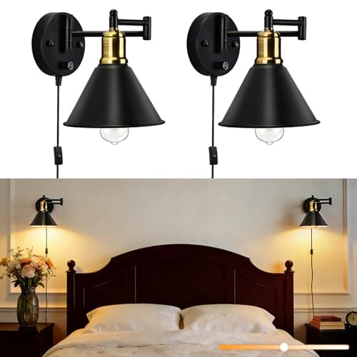 Image of Lampop Black Plug in Wall Light with Switch, Dimmable Industrial Swing Arm Wall Lamp, 2 Pack E27 Wall Lights for Living Room, Bedroom (Bulb not Included)